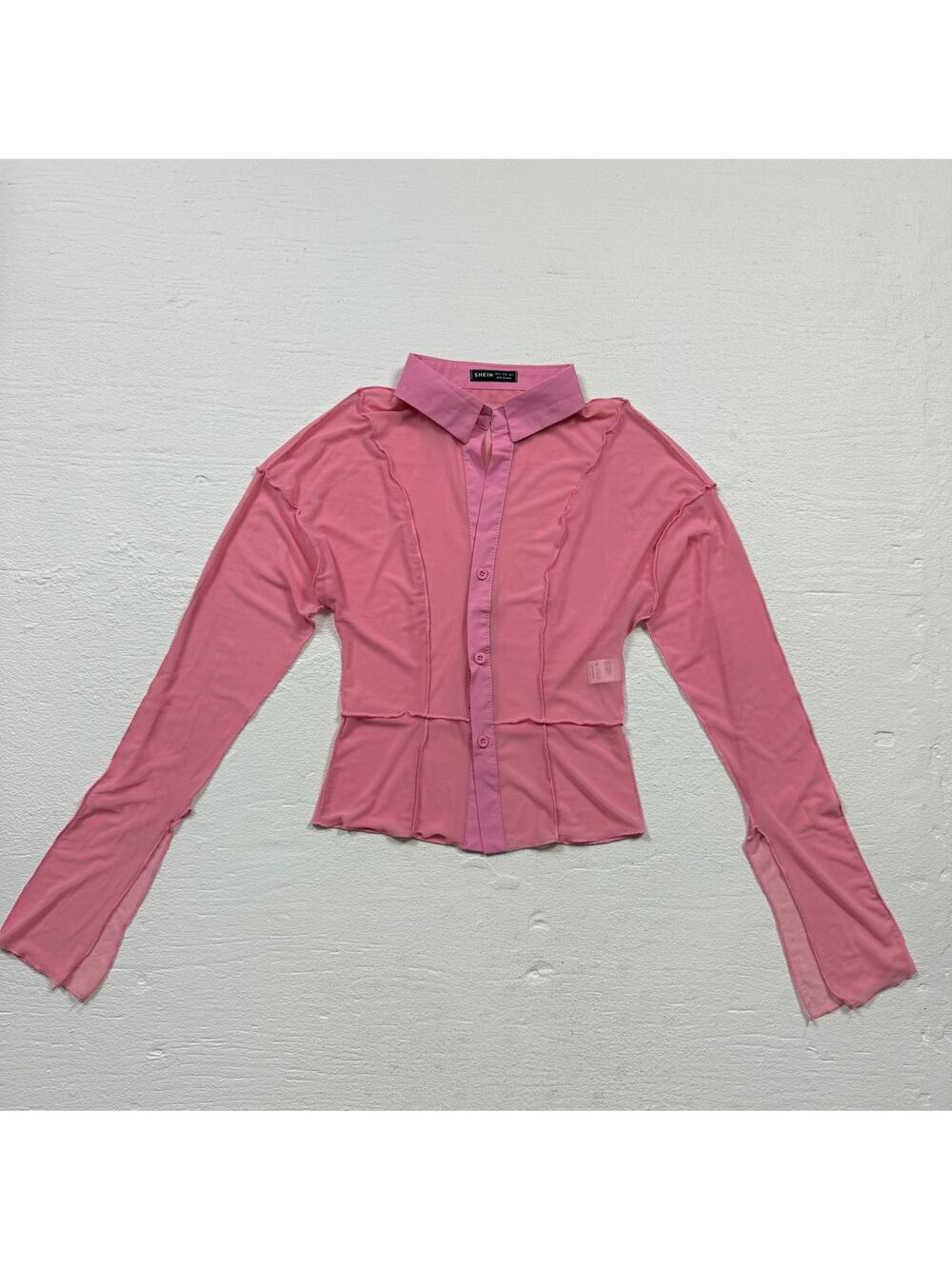 Shein Mesh Patchwork Button Up Pink Long Sleeve Top, Size Small